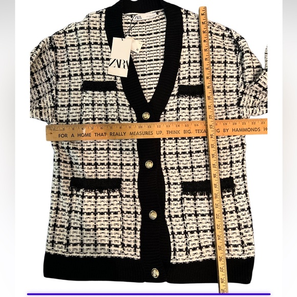 ZARA Tweed Knit Cardigan Black White Gold Button Womens Small NWT - Picture 7 of 8